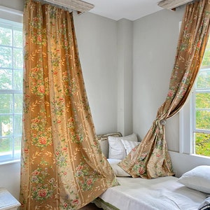 MULTIPLES available Curtain Drape vintage French Japonisme Bamboo design floral stripe fabric textileUnique window treatment