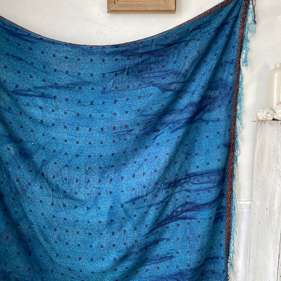 Antique French silk shawl Blue AMAZING printed fa… - image 4