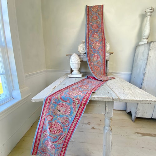 French STUNNING hand block printed Resist dyed border shops 1850 Turkey red fabric material