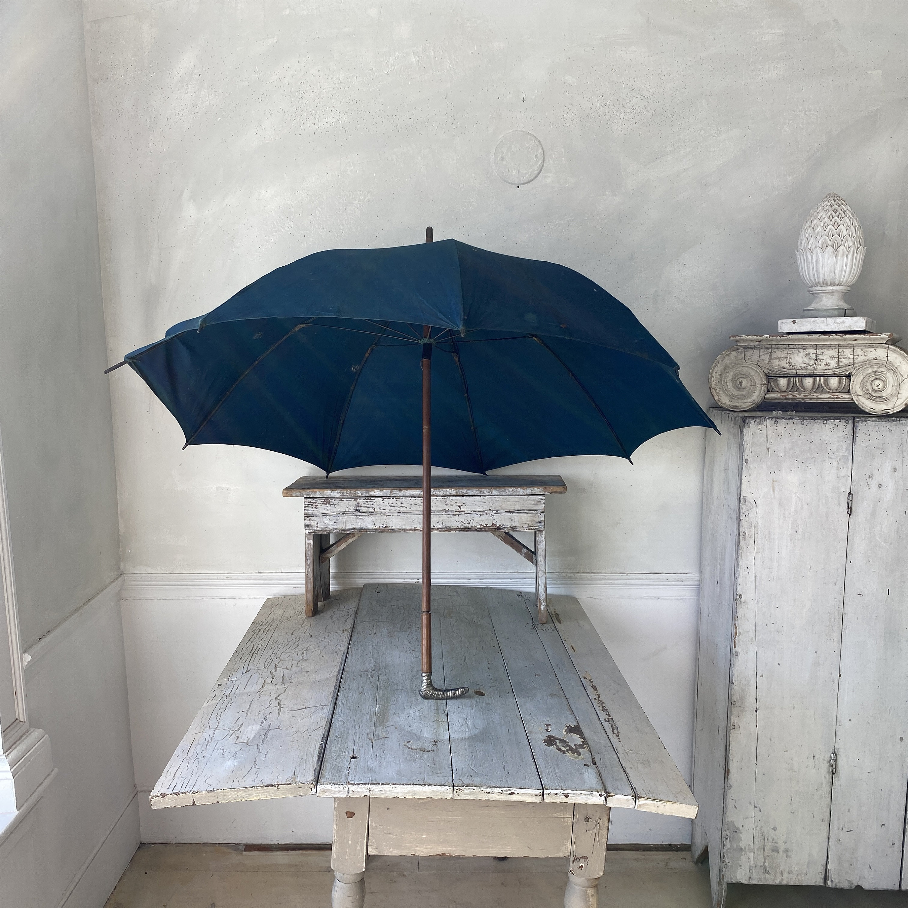 Silver Tip Antique Shepherd's Umbrella French Parasol Indigo Blue