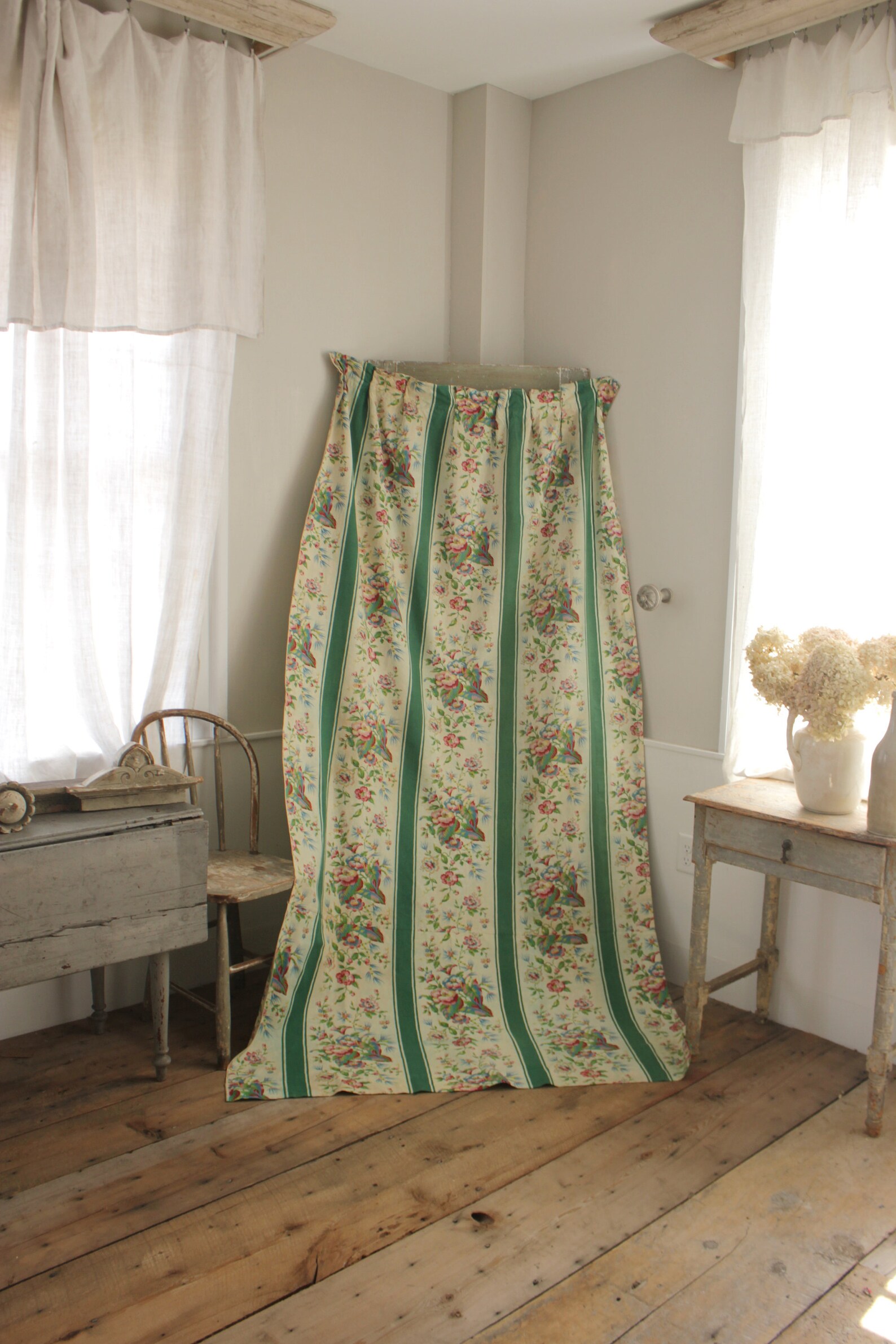 Antique Curtain French Green Striped Floral Drape Circa 1930s Etsy