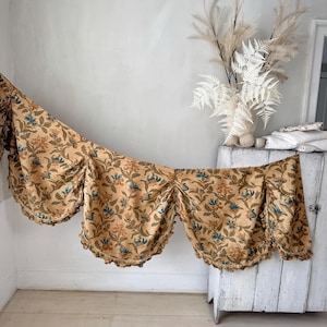 Large !  Festoon Valance Pelmet Antique blue pop neutral muted tones  French fabric c 1900 printed cotton  floral  window treatment