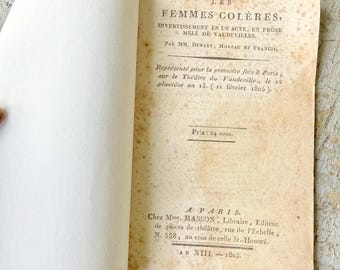 1805 Antique French Playbook Theatre Book Les Femmes Colères Vaudeville Paris Literature Marbled Paper Wall Art Collectible marbleized