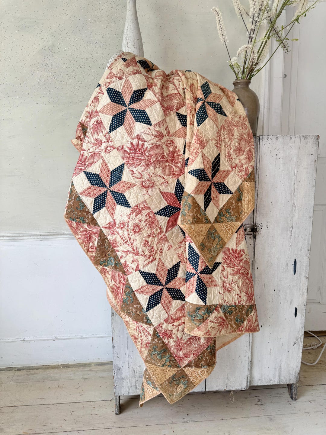 96x89 アンティーク パッチワーク キルト 壁掛け アート 軽量 大きな星