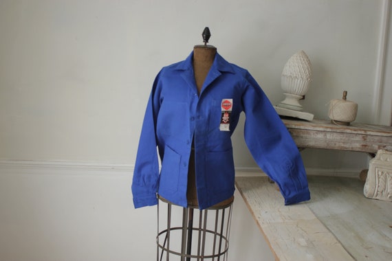 Jacket Vintage French Blue Coat Work Wear Button up Sanfor