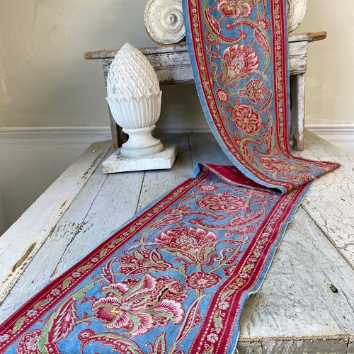 French STUNNING hand block printed Resist dyed border shops 1850 Turkey red fabric material