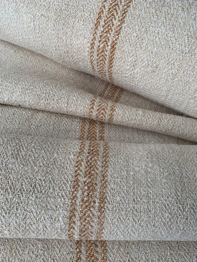 Grain sack Fabric Antique homespun linen caramel striped hemp table runner centerpiece sewing by the yard Herringbone weave image 8