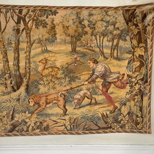 71x36 Vintage Tapestry French wall art hanging textile trunk Castle Castlecore shabby cottage farmhouse chateau home decor style verdure dog