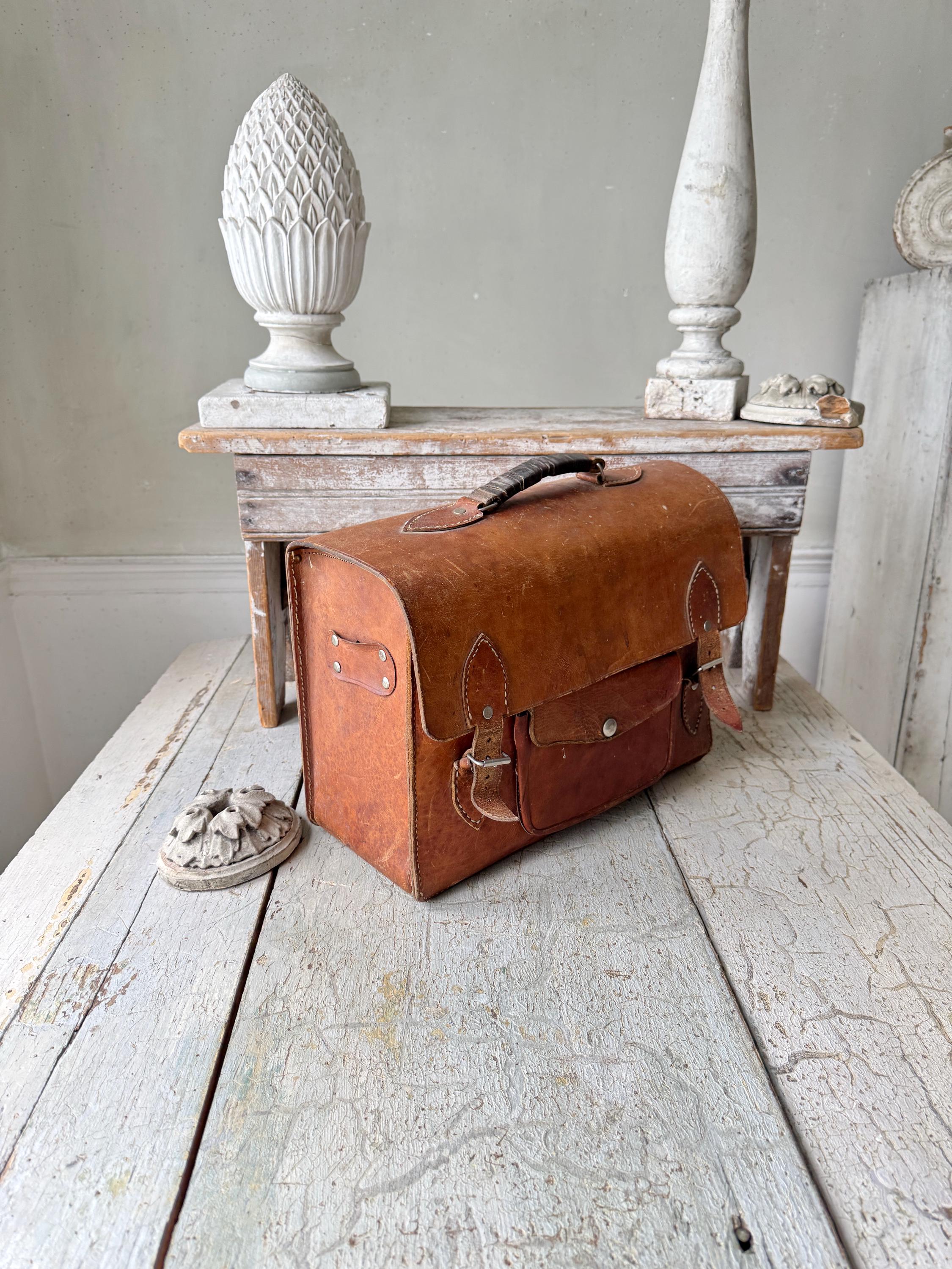 1930's Vintage Leather Satchel Briefcase Brown Patina Leather