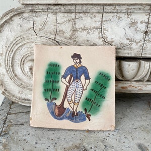 Antique Portuguese Tile 19th century handmade hand painted  Unique decorative eco-friendly