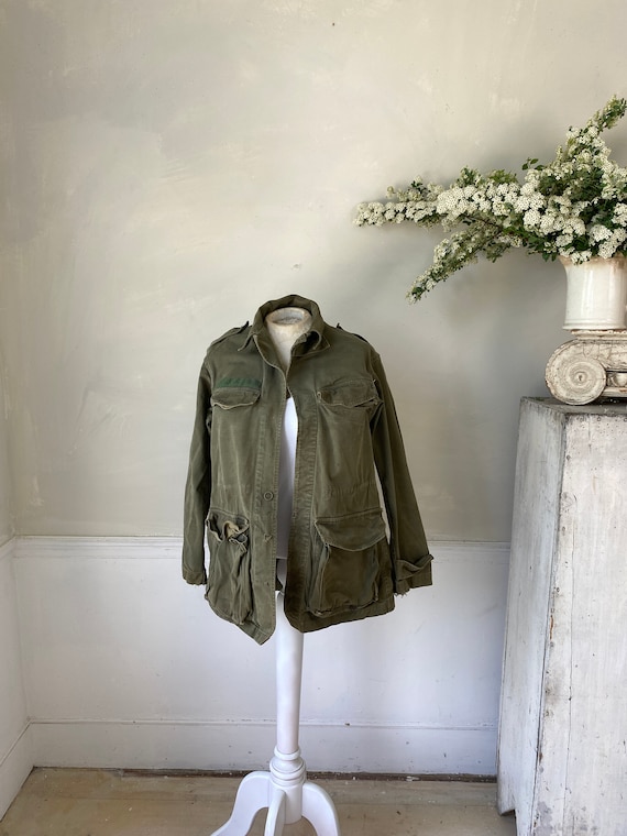 Vintage French Workwear Military Green Jacket Ear… - image 2