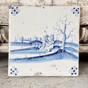 5x5 18th century French antique tile XVIIIè en Faience de Delft Ceramic blue pottery country cottage home decor shabby European farmhouse