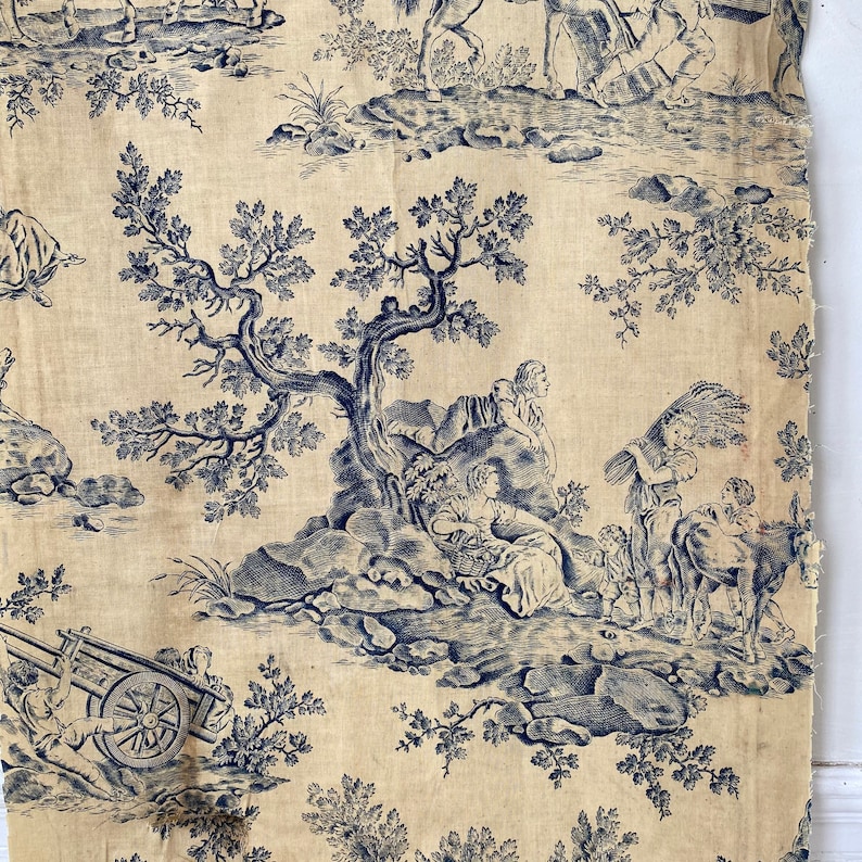 Aged toile de Jouy antique French fabric blue toile material Shabby chic French interior