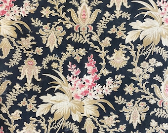 French Antique Fabric 1880 Embroidered Look  Printed Cotton  black  light to Medium Weight Fabric Fringe Trim eco-friendly