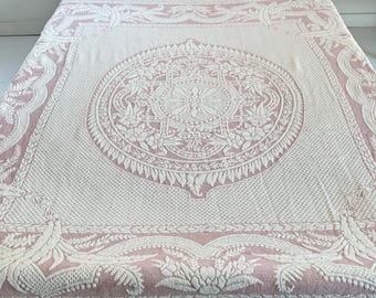 121X100 Queen size ? bed cover Pink 1950 coverlet heavy woven textile farmhouse country cottage decor shabby Quilt bedcover sofa slipcover