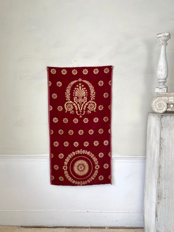 Antique Bleach Block Printed Velvet Luxurious Red and Gold Fabric 1900 Fabric The Textile Trunk eco-friendly