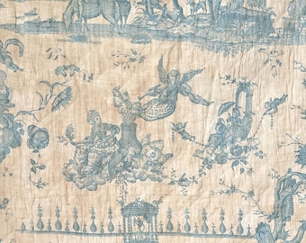 90x51 1785 quilt 18th century French blue Toile Le temple de l’amour Indigo  Antique Textile Vintage Fabric Wall Art Chateau Decor country