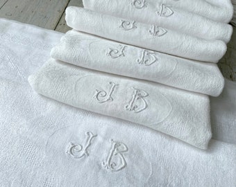 Antique French set of 6 JB monogram white napkins hand stitched monogram early 1900s Linen damask farmhouse look The Textile Trunk