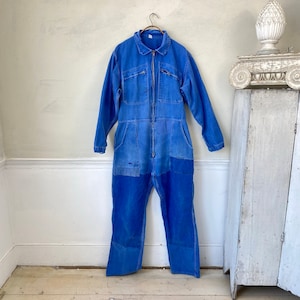 38 waist French JUMPSUIT  Workwear Vintage Coveralls Mechanic Outfit French Blue Denim 1970s Cotton with Belt The Textile Trunk pantsuit