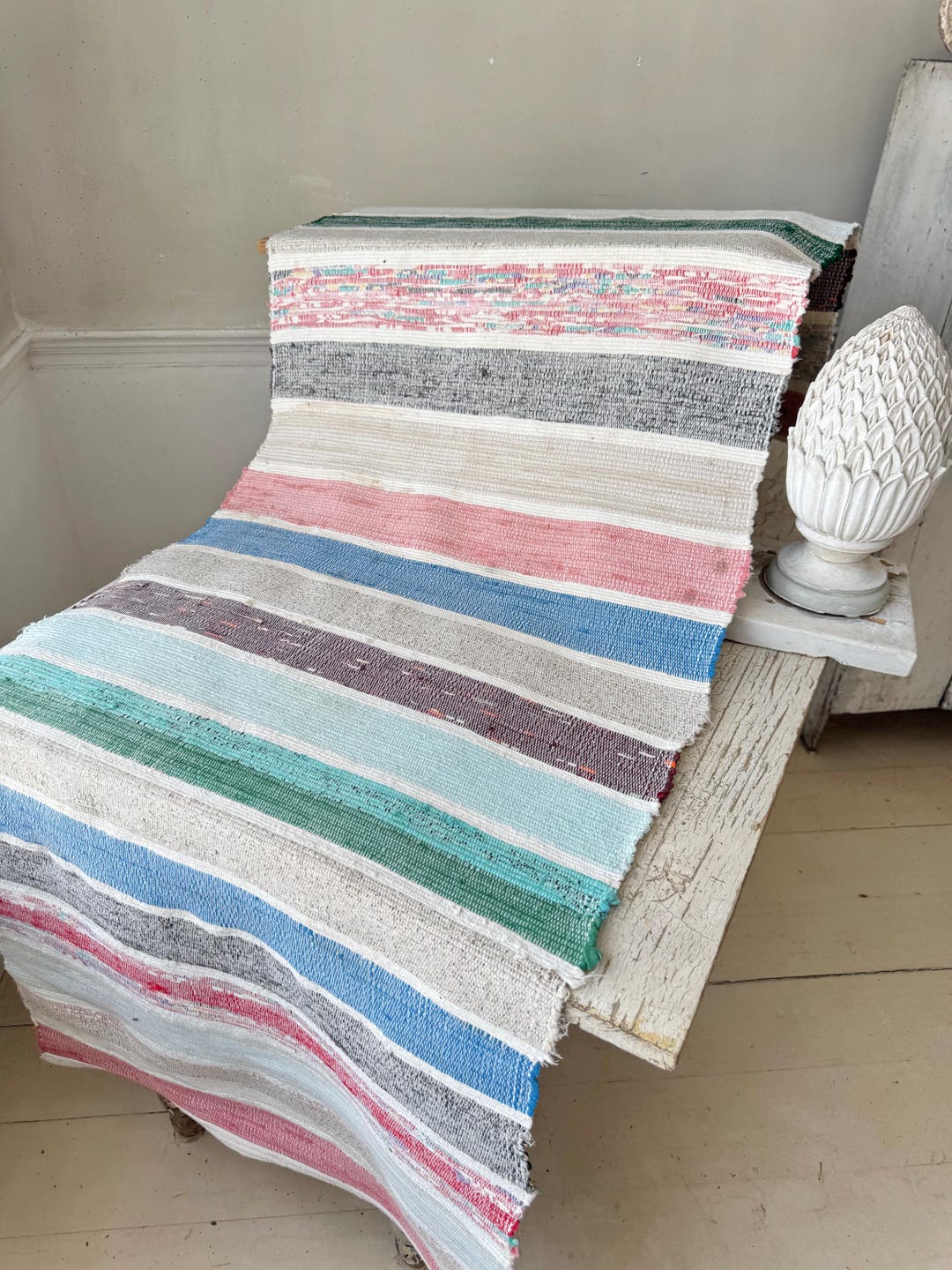 Fabric Rustic Rug 2.2x28 Antique Vintage Rag Rug Fabric Soft White Blue Pink Gray Stripe ...