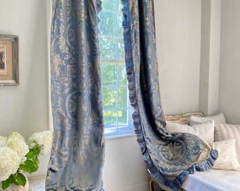 2 1940's curtains 98 inches long drapes Vintage French blue silk elegant damask gold accent chic  eclectic period interior The Textile Trunk