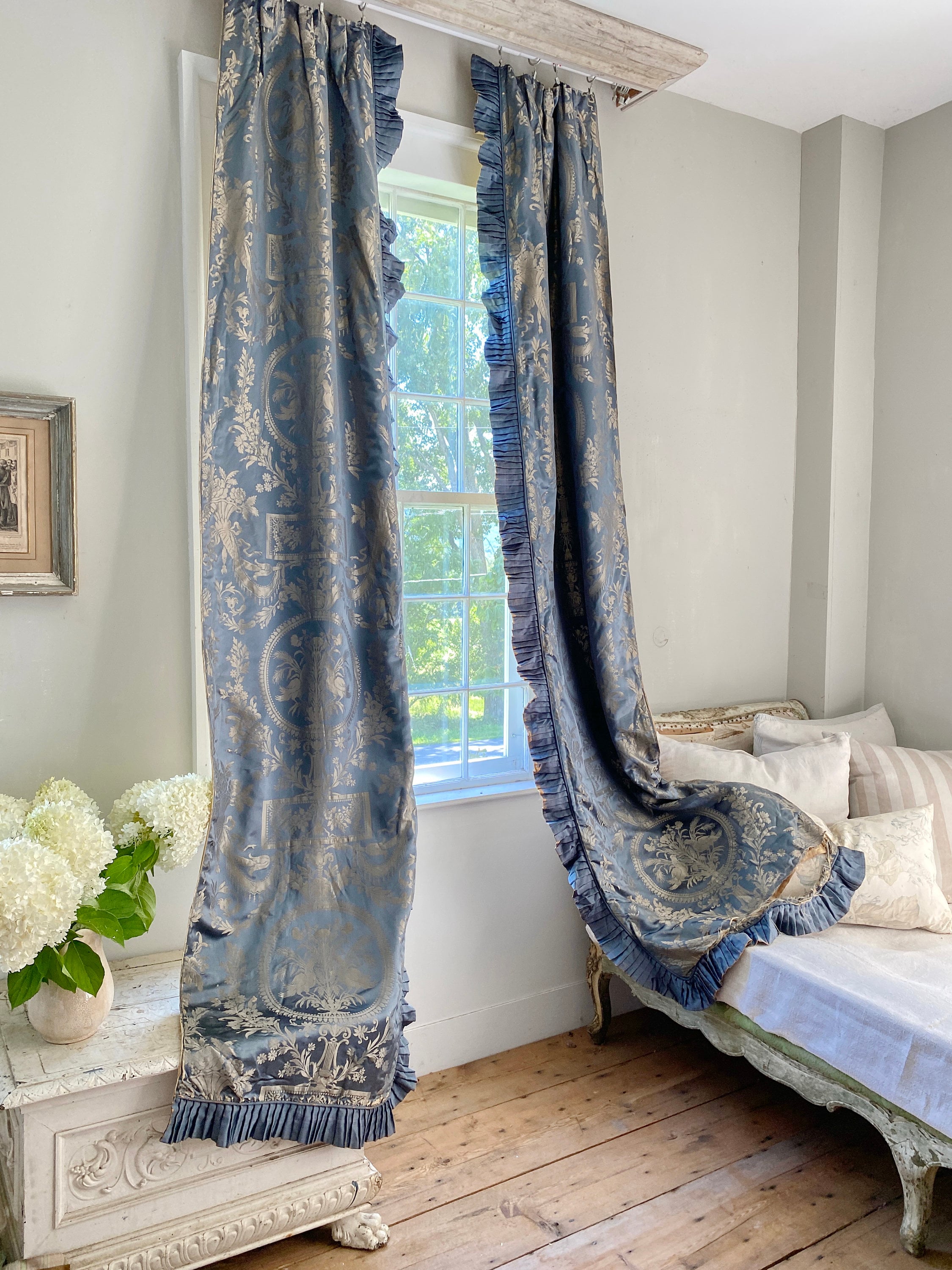 フランス アンティーク カーテン 2 1940's curtains 98 inches long drapes Vintage French blue