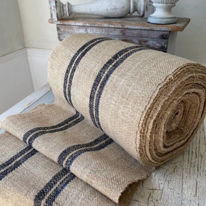 RARE Black Stripe Antique hemp stair table runner by the yard homespun heavy sturdy upholstery fabric textile trunk cottagecore farmhouse