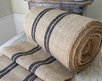 RARE Black Stripe Antique hemp stair table runner by the yard homespun heavy sturdy upholstery fabric textile trunk cottagecore farmhouse