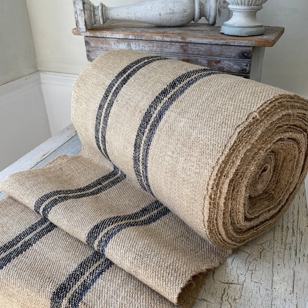 RARE Black Stripe Antique hemp stair table runner by the yard homespun heavy sturdy upholstery fabric textile trunk cottagecore farmhouse
