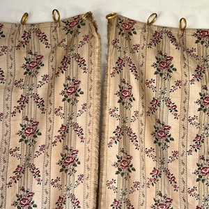 STUNNING 1930&#39;s 1930 French chateau curtains printed linen floral stripe muted tones with gold curtain rings The Textile Trunk eco-friendly