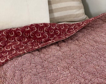 Lovely French windowpane Gingham moon  Quilt burgundy quilted by handmade unique eco-friendly