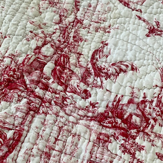 54x61 Toile De Jouy Small Quilt Provencal Boutis 1870 Hand Quilted