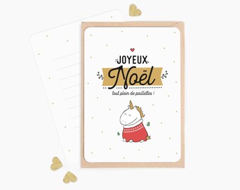 Carte Joyeux Noël - Licorne, carte de voeux, carte fetes, carte cadeau Noël, carte noel