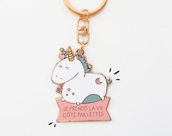 Porte-clés licorne Je prends la vie côté paillettes