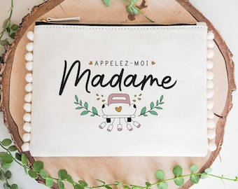 Pochette mariée avec pompons - Appelez moi madame - Manahia - 100% coton - cadeau mariée, evjf, mariage, future mariée