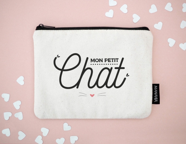 Pochette chat Mon petit chat Manahia 100% coton cadeau chat, trousse chat, pochette chat image 1