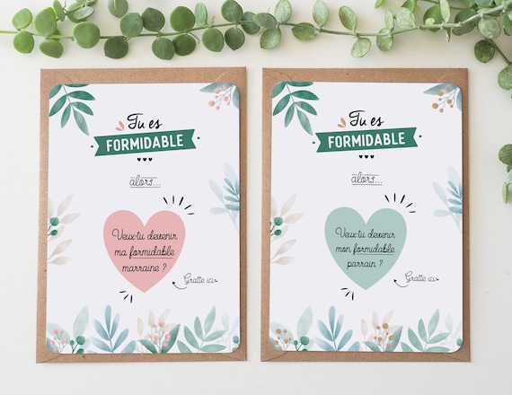 Lot De 2 Cartes à Gratter Marraine Et Parrain Coeur 