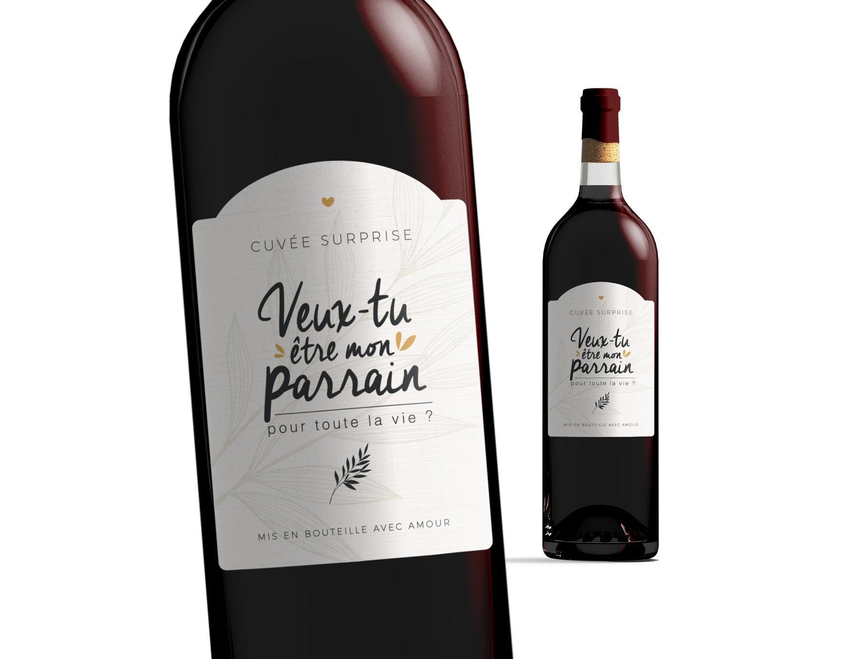 Étiquette Personnalisée Bouteille Vin - 'Veux-tu être Mon Parrain ?' - Film Brillant 102x76mm - Naissance, Baptême