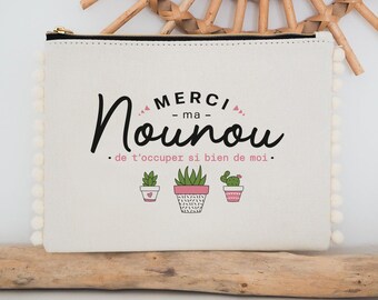 Pochette nounou avec pompons - Merci ma nounou de t'occuper si bien de moi - Manahia - 100% coton - cadeau personnalisé nounou, merci nounou