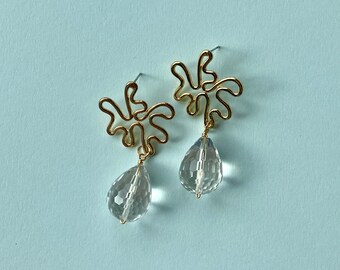 May include: A pair of gold-colored wire earrings with a unique, abstract design. Each earring features a freeform shape at the top and a clear, teardrop-shaped crystal pendant. The earrings are set against a light blue background.