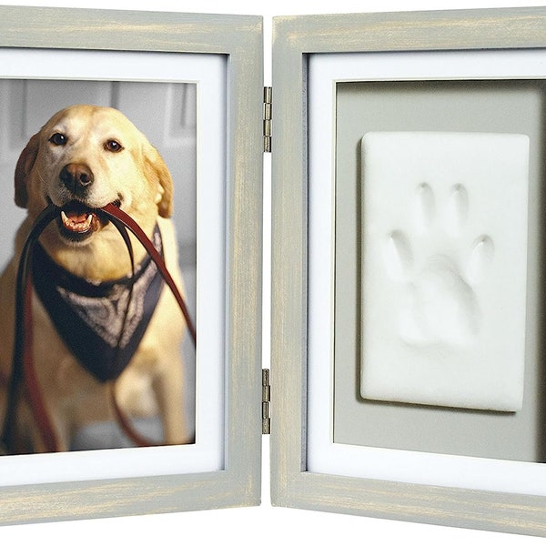 Pawprint Pet Keepsake Photo Frame, Clay Imprint Kit, Dog or Cat Keepsake Frame,DIY Clay Paw Print,4x6 Photo Insert, Distressed Grey