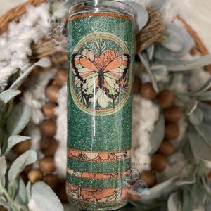 Butterfly and florals, 20 oz Skinny Glitter Tumbler, glitter tumbler, custom glitter tumbler, glitter and vinyl tumbler