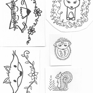 May include: Four black and white illustrations of animals. The top left image is a fox with a flower crown. The top right image is a weasel in a wreath. The bottom left image is a fox with a vine and flower. The bottom right image is a squirrel in a field of grass.