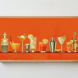 May include: A framed illustration of a row of cocktails and a bottle of liquor on a shelf. The cocktails include a martini, a margarita, a daiquiri, a whiskey sour, a bloody mary, a mimosa, and a cosmopolitan. The bottle of liquor is labelled "Mistine Cachaça Batida".