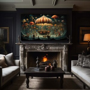 May include: A dark living room with a fireplace and a large painting above it. The painting is a surreal scene with a large red and white striped tent over a ship. The tent is surrounded by jellyfish and other sea creatures. The fireplace is lit and there are two couches on either side of it. The couches are both gray and have pillows on them. There is a coffee table in front of the fireplace with a book and two decorative objects on it.