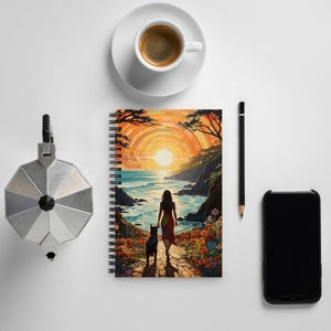 Woman and her dog journal, Stained glass effect woman in a red dress walking to the ocean Spiral notebook