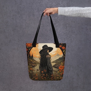 Reusable tote bag, Witchcore tote, Profile of woman by a river, autumn colors, valley, mountains, sunflowers shopping bag, orange