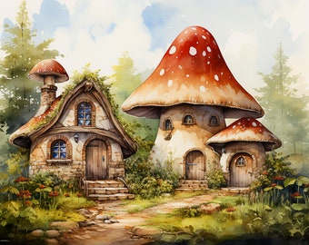 Toadstool house Poster, Storybook watercolor art, Physical Print of a gnome or fairy cottage, Fairytale cottage, woodland house