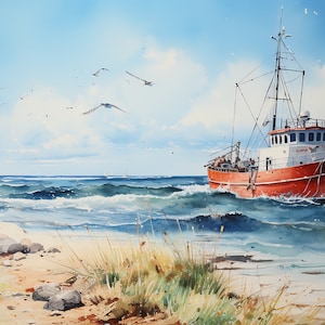 Könnte beinhalten: Ein rotes Fischerboot mit einer weißen Kabine segelt an einem sonnigen Tag aufs Meer hinaus. Das Boot ist von blauem Wasser und Schaumkronen umgeben. Das Ufer ist im Vordergrund mit grünem Gras und roten Blumen sichtbar.