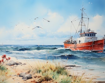 Seashore, Fishing Boat Digital Samsung Frame Tv Art | Art For Tv | Frame TV Pictures | Digital Wallpaper Sandy beach, Watercolor
